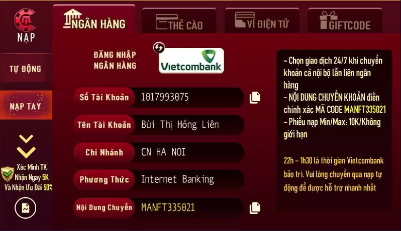 Nạp tiền Man club qua ngân hàng