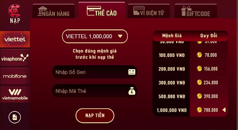 Nạp tiền Man club qua thẻ cào